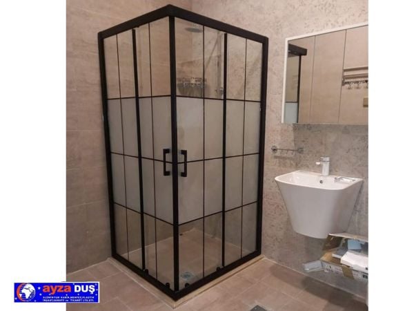Siyah Profil Karolaj + Desenli 5 mm Cam Duşakabin Köşe 100x100